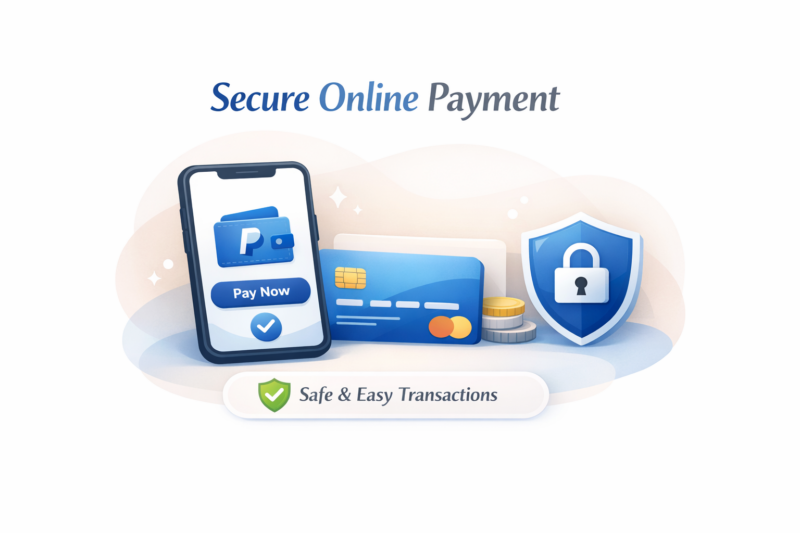 Secure online payment illustration with smartphone, credit cards, coins, and security shield.