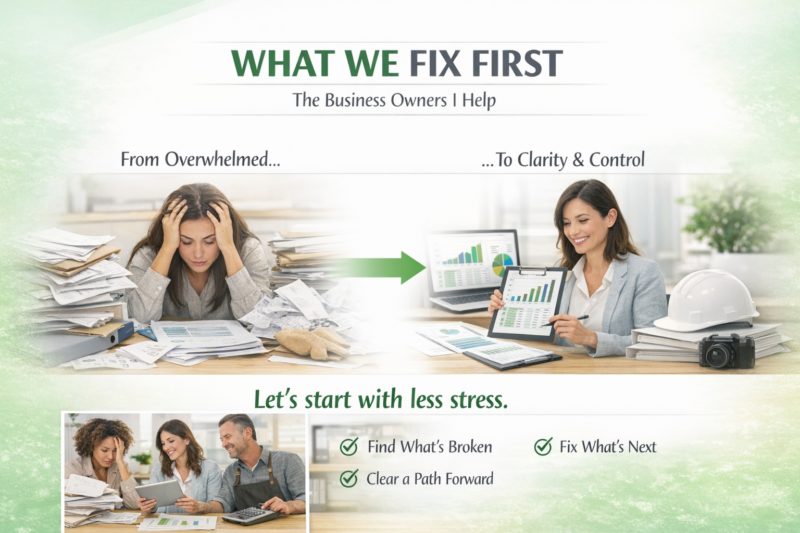 Graphic showing stressed business owners transforming into organized, confident owners with Sandy’s Advantage Plus support.